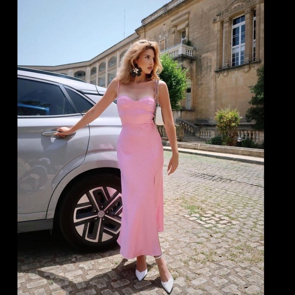 ZARA Bubblegum Pink Satin Effect Slit Strappy Back Embossed Cups Midi Dress $69. - Picture 12 of 17